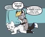 absurd_res all_fours anal annoyed annoyed_expression anthro bodily_fluids boy_kisser_(meme) briefs clothing cum dialogue duo genital_fluids hi_res kneeling male male/male scuzzyfox speech_bubble underwear 