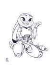  2023 absurd_res animatronic anthro bl394 disney female floppy_ears gesture hi_res inline_skates judy_hopps kneeling lagomorph leporid line_art lop_ears machine mammal monochrome rabbit robo_judy robot roller_skates smile solo waving zootopia 