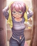  1girl 2_ru arms_behind_head arms_up bathroom blurry blurry_background blush breasts collarbone drying drying_hair glasses grey-framed_eyewear hidamari_sketch highres holding holding_towel indoors long_sleeves looking_at_viewer medium_breasts navel open_mouth pajamas purple_eyes purple_hair rubber_duck sae_(hidamari_sketch) semi-rimless_eyewear short_hair smile solo towel under-rim_eyewear 