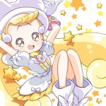  1girl arms_up blonde_hair blush boots brown_eyes dress gloves hat kotato long_hair looking_at_viewer magical_girl makihatayama_hana ojamajo_doremi open_mouth puffy_short_sleeves puffy_sleeves short_sleeves sitting smile solo star_(symbol) starry_background twintails white_dress white_footwear white_gloves white_headwear wing_hair_ornament 