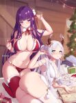  2girls alternate_breast_size anger_vein antlers ass ass_focus bikini book breasts christmas christmas_ornaments christmas_tree elf embarrassed english_commentary english_text fake_antlers fern_(sousou_no_frieren) frieren fur-trimmed_bikini fur_trim green_eyes holding holding_ribbon huge_ass huge_breasts kneeling large_breasts light_particles long_hair lying mitsu_(mitsu_art) multiple_girls on_side panties parted_lips pointy_ears purple_eyes purple_hair reindeer_antlers ribbon santa_bikini skindentation small_breasts smile sousou_no_frieren swimsuit thick_thighs thighhighs thighs twintails underwear very_long_hair white_hair white_panties white_thighhighs 
