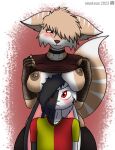  anthro big_breasts blush boob_hat breasts canid canine canis choker clothed clothing clothing_lift duo fan_character female fox hi_res hybrid jewelry lagomorph leporid male male/female mammal necklace nipple_piercing nipples piercing rabbit shaded shirt shirt_lift shorter_male smile soft_shading taller_female topwear wasileus wolf 