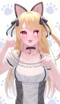  1girl :d absurdres animal_ears bare_shoulders bell black_choker blonde_hair blush cat_ears choker collar collarbone frilled_shirt frills hair_ribbon highres hoshino_ruby kurage_ao long_hair looking_at_viewer mismatched_pupils neck_bell one_side_up open_mouth oshi_no_ko paw_pose paw_print paw_print_background red_eyes ribbon shirt smile solo star-shaped_pupils star_(symbol) straight-on symbol-shaped_pupils upper_body white_background 