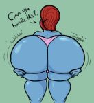  absurd_res bent_over big_butt blue_body butt clothed clothing digital_media_(artwork) english_text female fish gaze_(artist) hair hi_res huge_butt humanoid mammal marine red_hair scalie simple_background solo teasing text thick_thighs undertale undertale_(series) undyne wide_hips 