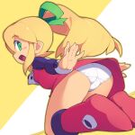  1girl ass blonde_hair boots bow commentary_request dress dynamic_pose green_bow happy jumping long_sleeves mega_man_(classic) mega_man_(series) metata panties ponytail red_dress red_footwear roll_(mega_man) simple_background solo underwear 