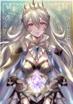  1girl blue_trim breasts brooch cape cleavage corrin_(female)_(silent_bloodline)_(fire_emblem) corrin_(fire_emblem) crown dragonstone fire_emblem fire_emblem_fates fire_emblem_heroes gauntlets gold_trim grey_hair highres jewelry long_hair looking_at_viewer medium_breasts official_alternate_costume official_art pointy_ears red_eyes smile snow20200 solo upper_body white_cape 