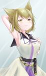  1girl arm_behind_head armpits bare_shoulders blush breasts brown_eyes closed_mouth cowboy_shot d_wtwi gradient_background grey_background hand_on_own_chest hand_up light_brown_hair light_smile looking_at_viewer medium_breasts pointy_hair short_hair simple_background solo touhou toyosatomimi_no_miko 