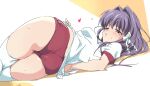  1girl ass blush buruma clannad fujibayashi_kyou gym_uniform hair_ribbon highres long_hair looking_back lying purple_eyes purple_hair ribbon shirt solo sweatdrop t-shirt thighhighs umanosuke white_thighhighs 