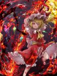  1girl ascot blonde_hair commentary crystal fire flandre_scarlet hat highres holding holding_weapon laevatein_(touhou) looking_at_viewer medium_hair mob_cap multicolored_wings myui17901139 open_mouth puffy_short_sleeves puffy_sleeves red_eyes red_skirt red_vest short_sleeves side_ponytail skirt smile solo touhou vest weapon wings yellow_ascot 