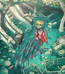  1girl bag can carles_dalmau cart fish flower green_hair highres leaf lily_pad plant pool school_bag short_hair soda_can solo tree underwater water zombie 