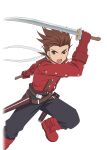  1boy boots brown_eyes brown_hair buttons english_commentary gauntlets gloves holding holding_weapon lloyd_irving male_focus official_art open_mouth pants red_footwear red_gloves solo spiked_hair tales_of_(series) tales_of_asteria tales_of_symphonia transparent_background weapon 