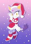  1girl blaze_the_cat blush cat_girl cat_tail eyelashes forehead_jewel furdy gloves hand_on_own_face hat high_heels highres light_smile ponytail purple_fur red_footwear santa_costume santa_hat snowing sonic_(series) tail yellow_eyes 