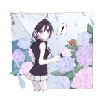  ! 1girl black_hair black_jacket blue_eyes bob_cut day dot_mouth flower frills holding holding_umbrella hydrangea jacket kingdom_hearts kingdom_hearts_iii leaf nitoya_00630a outdoors rain short_hair skirt sleeveless sleeveless_jacket snail solo surprised umbrella white_skirt white_umbrella xion_(kingdom_hearts) 