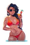  1girl abs alternate_costume arm_tattoo artist_name bikini black_hair blushyspicy braid breasts earrings eyepatch holding jewelry large_breasts league_of_legends long_hair mole mole_above_mouth outline samira smile solo swimsuit tattoo transparent_background water white_outline 