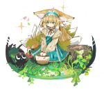  1girl animal_ear_fluff animal_ears arknights bag basket black_cat blonde_hair blue_hairband blue_skirt blush brown_bag cardigan cat closed_mouth commentary fox_ears fox_girl fox_tail frilled_hairband frills grass green_eyes hair_ornament hair_scrunchie hairband high-waist_skirt kitsune kyuubi long_hair long_skirt long_sleeves luoxiaohei multicolored_hair multiple_tails neck_ribbon official_alternate_costume open_cardigan open_clothes puffy_long_sleeves puffy_sleeves red_ribbon ribbon ryu_(17569823) scrunchie shirt shoulder_bag simple_background skirt sleeve_cuffs solo sparkle stitches suzuran_(arknights) suzuran_(spring_praise)_(arknights) tail the_legend_of_luo_xiaohei tree_stump two-tone_hair white_background white_hair white_shirt yellow_cardigan 
