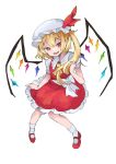  1girl :d ascot bare_arms bare_legs blonde_hair bobby_socks crystal fang flandre_scarlet frilled_shirt_collar frills full_body hat hat_ribbon highres knees_together_feet_apart long_hair looking_at_viewer mary_janes mob_cap one_side_up open_mouth puffy_short_sleeves puffy_sleeves red_eyes red_ribbon red_skirt red_vest ribbon rogichange shoes short_hair_with_long_locks short_sleeves simple_background skin_fang skirt skirt_set smile socks solo touhou very_long_hair vest white_background wings yellow_ascot 