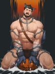  1boy abs absurdres animal_collar animal_ears bandaged_arm bandages bara beard black_hair black_male_underwear blush bulge chain chest_hair collar facial_hair genshin_impact halloween highres jack-o&#039;-lantern large_pectorals male_focus male_underwear muscular muscular_male navel nipples open_mouth pectorals short_hair solo tail thighs underwear wagner_(genshin_impact) wolf_boy wolf_ears wolf_paws wolf_tail zhuganchangjiadan 