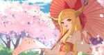  1girl absurdres bare_shoulders blue_ribbon blush bow cherry_blossoms detached_sleeves gourd hair_bow highres holding holding_umbrella horn_ornament horn_ribbon horns ibuki_suika japanese_clothes kimono long_hair obi oeyama oil-paper_umbrella oni_horns open_mouth orange_eyes orange_hair red_bow ribbon sash smile solo touhou umbrella white_kimono 