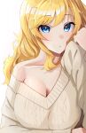  1girl :o absurdres ban_(puka_0507) blonde_hair blue_eyes blush breasts cleavage collarbone highres idolmaster idolmaster_cinderella_girls large_breasts long_sleeves looking_at_viewer ohtsuki_yui simple_background single_bare_shoulder solo sweater upper_body white_background white_sweater 