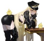  1girl absurdres armored_boots azur_lane bent_over bird bismarck_(azur_lane) bismarck_zwei_(azur_lane) black_dress black_footwear black_gloves black_headwear boots breasts buttons chick closed_mouth dress elbow_on_table from_side gloves hat highres large_breasts light_blush long_hair long_sleeves looking_at_viewer manjuu_(azur_lane) monmon_(sleepymonmon) peaked_cap playing_with_own_hair short_dress sideboob simple_background table white_background zettai_ryouiki 