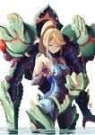  1girl automatic_giraffe blonde_hair blue_eyes dissolving_clothes highres looking_at_hand metroid metroid_dread metroid_suit open_clothes partially_submerged ponytail power_suit samus_aran simple_background solo standing water zero_suit 