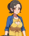  1girl apron blue_shirt blush breasts brown_eyes brown_hair cleavage collarbone collared_shirt commentary drunkoak earrings eyelashes jewelry looking_at_viewer mature_female mole mole_on_breast open_clothes open_shirt orange_background paldea_mother parted_lips pokemon pokemon_(game) pokemon_sv shirt sleeves_past_elbows solo yellow_apron 