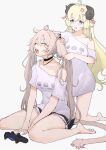  2girls ahoge animal_ears bare_legs barefoot between_legs black_choker black_shorts blonde_hair blush breasts brushing_hair choker closed_eyes clothes_writing collarbone controller ear_piercing full_body game_controller gamepad grey_background hair_between_eyes hair_ornament hair_ribbon hairclip hairdressing hand_between_legs highres holding holding_another&#039;s_hair holding_hair hololive horns jewelry kneeling large_breasts lion_ears lion_girl lion_tail long_hair looking_at_another messy_hair mitsuru_(pixiv_34028718) multiple_girls necklace off_shoulder official_alternate_costume open_mouth oversized_clothes oversized_shirt piercing playstation_controller print_shirt purple_eyes red_ribbon ribbon sheep_ears sheep_girl sheep_horns shirt shishiro_botan shishiro_botan_(4th_costume) short_shorts short_sleeves shorts sidelocks simple_background single_bare_shoulder sitting t-shirt tail teeth thighs tsunomaki_watame twintails twintails_day tying_hair upper_teeth_only very_long_hair virtual_youtuber wariza white_background white_shirt yawning 