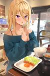  1girl black_ribbon blonde_hair blue_sweater bowl bra_strap collarbone egg_(food) food hair_between_eyes hair_ribbon highres indoors kusumoto_touka long_hair long_sleeves off-shoulder_sweater off_shoulder open_mouth original own_hands_together palms_together photo_background purple_eyes ribbon rice rice_bowl sausage sitting solo sweater 