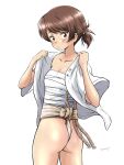  1girl ass blush breasts brown_eyes brown_hair collarbone fundoshi girls_und_panzer highres hiyama_yuu_(wee259hiyama) japanese_clothes kawanishi_shinobu looking_at_viewer open_mouth ponytail sarashi short_hair signature simple_background small_breasts solo white_background yamakasa 