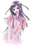  1girl apron baba_(papagg88) bandaged_arm bandages black_hair breasts collared_shirt cropped_torso d: danganronpa:_trigger_happy_havoc danganronpa_(series) grey_apron highres large_breasts long_hair mole mole_under_eye pink_shirt puffy_short_sleeves puffy_sleeves purple_eyes shirt short_sleeves simple_background solo tears teeth tongue tsumiki_mikan upper_teeth_only white_background 