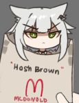  1girl :&lt; angry animal_ear_fluff animal_ears arknights cat_ears cat_girl chibi commentary english_commentary english_text green_eyes grey_background grey_hair kal&#039;tsit_(arknights) looking_at_viewer mcdonald&#039;s mini_person nuggetkouhai photo-referenced solo 