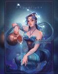  1girl \||/ aquarius_(constellation) aquarius_(zodiac) artist_name bare_shoulders barefoot blue_dress blue_hair blush breasts chrissabug collarbone constellation dress flower full_body glint gold_trim hagoromo hair_flower hair_ornament holding_jug jewelry lily_(flower) long_hair medium_breasts necklace off-shoulder_dress off_shoulder original personification pouring realistic shawl smile solo squatting star_(sky) white_flower zodiac 