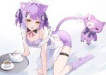  1girl :p absurdres animal_ears apron cat_ears cat_girl cat_tail commentary detached_collar eyepatch ghost_hair_ornament hair_ornament highres maid_headdress nif7y no_shoes purple_hair purple_shirt purple_socks shinomiya_runa shirt short_twintails socks solo tail thigh_strap tongue tongue_out twintails virtual_youtuber vspo! x_hair_ornament yellow_eyes 