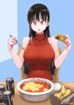  1girl absurdres bare_shoulders big_sister_(seojh1029) black_hair blue_background breasts can cellphone chair commentary_request food food_request fork fried_chicken hair_ornament hairclip highres holding holding_fork holding_phone jun_(seojh1029) large_breasts long_hair looking_at_viewer napkin open_mouth original phone red_eyes red_sweater sitting sleeveless sleeveless_sweater solo sweater teeth turtleneck turtleneck_sweater upper_teeth_only 