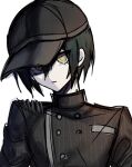  1boy black_headwear black_jacket breast_pocket brown_eyes buttons closed_mouth danganronpa_(series) danganronpa_v3:_killing_harmony double-breasted hair_between_eyes jacket looking_at_viewer pale_skin pocket saihara_shuichi simple_background solo striped striped_jacket teruha_kurumi white_background 