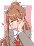  1girl blush bow breasts brown_hair buttons collared_shirt doki_doki_literature_club green_eyes hair_bow high_ponytail long_hair looking_at_another medium_breasts monika_(doki_doki_literature_club) one_eye_closed phwcsaiksweiuhg red_ribbon ribbon school_uniform shirt white_bow white_shirt 