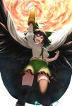 1girl arm_cannon arm_up atom bird_wings black_hair black_thighhighs black_wings bow breasts buttons cape commentary_request control_rod feet_out_of_frame fire frilled_skirt frills from_below green_bow green_skirt hair_bow highres long_hair looking_at_viewer looking_down luke_(kyeftss) medium_bangs medium_breasts navel open_mouth print_cape puffy_short_sleeves puffy_sleeves red_eyes reiuji_utsuho shirt short_sleeves simple_background skirt smile solo starry_sky_print sun thighhighs third_eye touhou weapon white_background white_cape white_shirt wings 