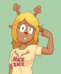  anthro blonde_hair deer deltarune doe_with_antlers female green_eyes hair hand_gesture hi_res hitsuji looking_at_viewer mammal noelle_holiday red_nose simple_background solo undertale_(series) worried_look 