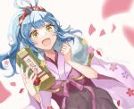  1girl :d blue_hair bow earrings fire_emblem fire_emblem_heroes fur_trim hair_bow japanese_clothes jewelry kimono long_sleeves looking_at_viewer official_alternate_costume open_mouth ponytail reginn_(fire_emblem) reginn_(new_year)_(fire_emblem) smile solo twitter_username upper_body wide_sleeves yellow_eyes youhei_choregi 