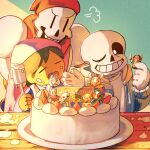  1other 2boys apron asriel_dreemurr black_hair blue_jacket brothers cake chara_(undertale) child copyright_name food food_on_face frisk_(undertale) fruit highres hood hood_down hooded_jacket jacket korokor59513559 looking_at_another multiple_boys one_eye_closed open_clothes open_jacket open_mouth papyrus_(undertale) red_scarf sans scarf shirt short_hair siblings skeleton smile strawberry strawberry_slice teeth toriel twitter_username undertale white_apron white_shirt 