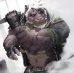  2019 abs anthro armband artist_name battle beard belt biceps black_clothing black_jacket black_topwear character_name cheek_scar claws clothed clothing dog_tags ear_piercing ear_ring english_text eye_scar facial_hair facial_scar felid finger_claws fingerless_gloves fur gloves hair handwear hi_res holding_knife holding_object jacket knife looking_aside male mammal muscular muscular_anthro muscular_male navel open_clothing open_jacket open_topwear pantherine pawpads piercing purple_body purple_eyes purple_fur raziel_(nightterror) ring_piercing saberzelgrath scar shirtless shoulder_pads smoke solo spiked_shoulder_pads spikes striped_body striped_fur stripes text tiger topwear white_hair 