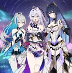  3girls :d armor armored_dress bare_shoulders blue_eyes breasts bronya_zaychik bronya_zaychik_(herrscher_of_truth) bronya_zaychik_(valkyrie_chariot) circlet cleavage closed_mouth dress earrings grey_eyes grey_hair hair_ornament highres homu_(honkai_impact) honkai_(series) honkai_impact_3rd jewelry kiana_kaslana kiana_kaslana_(herrscher_of_finality) kiana_kaslana_(white_comet) kuromu_shado long_hair multiple_girls night night_sky open_mouth outdoors outstretched_arm ponytail purple_eyes purple_hair raiden_mei raiden_mei_(crimson_impulse) raiden_mei_(herrscher_of_origin) sky smile very_long_hair white_dress white_hair 