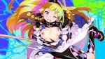  1girl abstract_background alyce_(dohna_dohna) black_gloves blonde_hair braid breasts dohna_dohna_issho_ni_warui_koto_o_shiyou dress exploding_clothes frilled_dress frills game_cg gloves headband latex latex_gloves long_hair medium_breasts nipples official_art one_eye_closed onono_imoko open_mouth pink_eyes solo tears torn_clothes twin_braids 