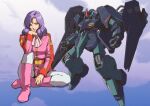  1girl arm_cannon belt boots commentary_request dual_wielding earth_federation energy_cannon gaplant green_eyes gundam holding long_hair looking_at_viewer mecha military military_uniform mobile_suit original purple_hair redesign robot rosamia_badam scarf science_fiction shield sitting teikoku_jokyoku uniform weapon zeta_gundam 