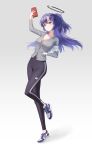  1girl absurdres blue_archive closed_mouth facial_mark full_body grey_background halo highres leggings long_hair looking_at_viewer mechanical_halo ponytail purple_eyes purple_hair rinrasetsu shoes simple_background smile sneakers solo star_(symbol) tagme yuuka_(blue_archive) 