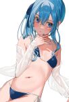  1girl bare_shoulders bikini blue_bikini blue_eyes blue_hair blue_nails blush breasts commentary_request flat_chest hair_between_eyes hair_ribbon highres hololive hoshimachi_suisei medium_hair ribbon see-through see-through_shirt shirt side_ponytail simple_background solo swimsuit takeno_omoti virtual_youtuber white_background 