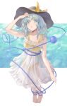  1girl :o aqua_hair barefoot bikini commentary dress dress_swimsuit frilled_dress frills green_eyes hat heart heart_of_string highres io_(io_oekaki) komeiji_koishi medium_hair open_mouth see-through see-through_dress solo swimsuit touhou water wavy_hair yellow_bikini 