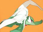  ambiguous_gender ass_up bent_over butt convenient_censorship digital_media_(artwork) eyelashes fingers gardevoir generation_3_pokemon green_body green_hair green_skin hair hi_res idkuroi looking_back nintendo not_furry orange_background pokemon pokemon_(species) pseudo_clothing raised_leg red_eyes simple_background solo stretching white_body white_skin 