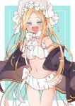  1girl abigail_williams_(fate) abigail_williams_(swimsuit_foreigner)_(fate) abigail_williams_(swimsuit_foreigner)_(third_ascension)_(fate) bare_shoulders bikini black_jacket blonde_hair blue_eyes blush bonnet bow breasts fate/grand_order fate_(series) heart highres jacket long_hair looking_at_viewer moffuru_(mofumofuddddd) navel off_shoulder open_clothes open_jacket open_mouth parted_bangs small_breasts smile solo strapless strapless_bikini swimsuit thigh_gap two-tone_background very_long_hair white_bikini white_bow white_headwear 