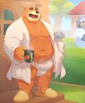  2023 animal_crossing anthro bear belly big_belly black_nose blush bulge clothed clothing curt_(animal_crossing) detailed_background duo eyes_closed grey_body hi_res male mammal moobs mug navel nintendo o-ro open_clothing open_robe orange_body outside overweight overweight_male robe teddy_(animal_crossing) underwear 